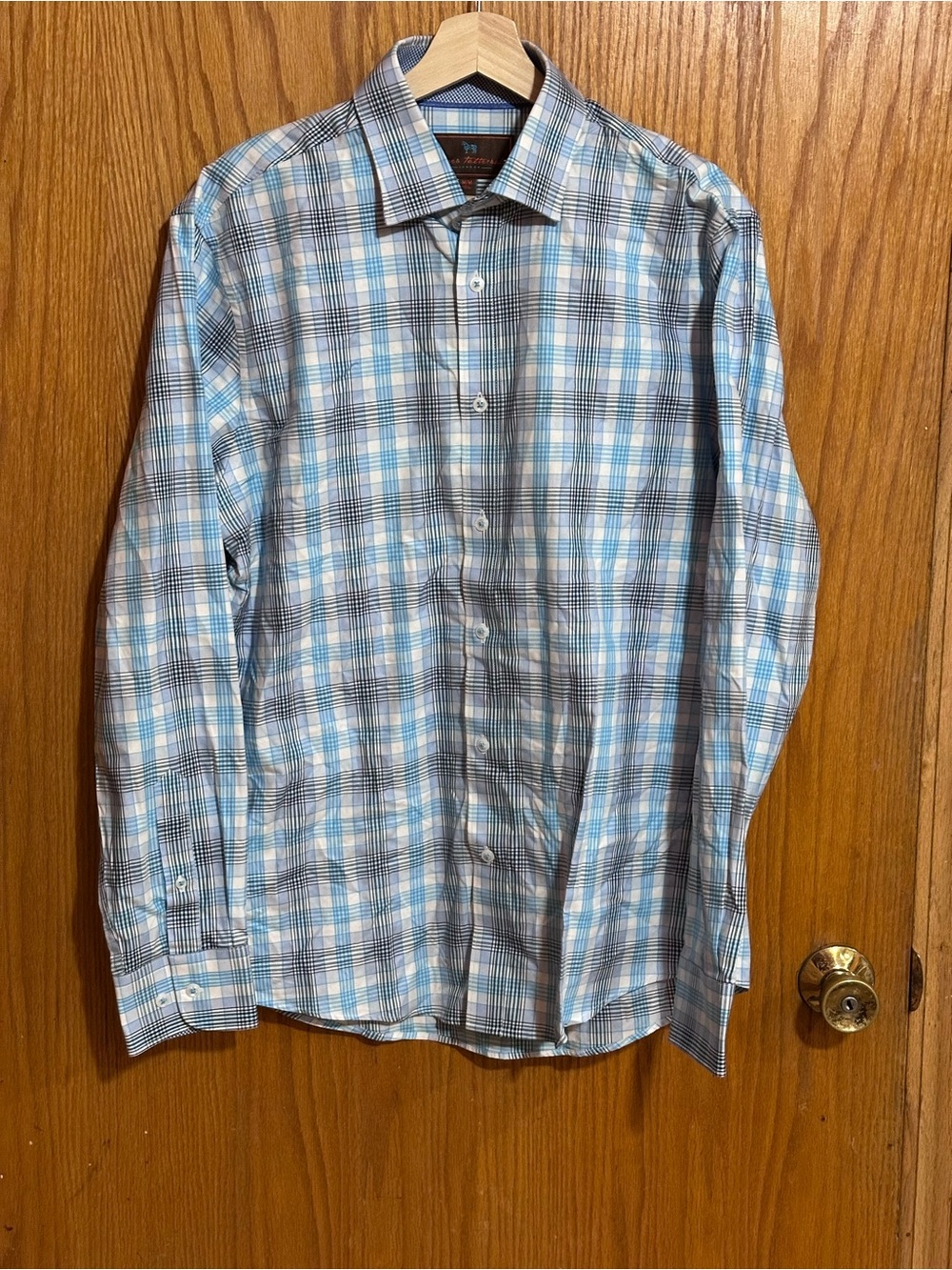 James Tattersall medium Men's Light Blue Plaid Long-Sleeve Button-Down Shirt